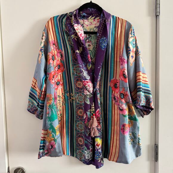 New Johnny Was Weller Topiary Hunter Kimono Purple Floral Reversible Tie Sz S - Picture 12 of 12